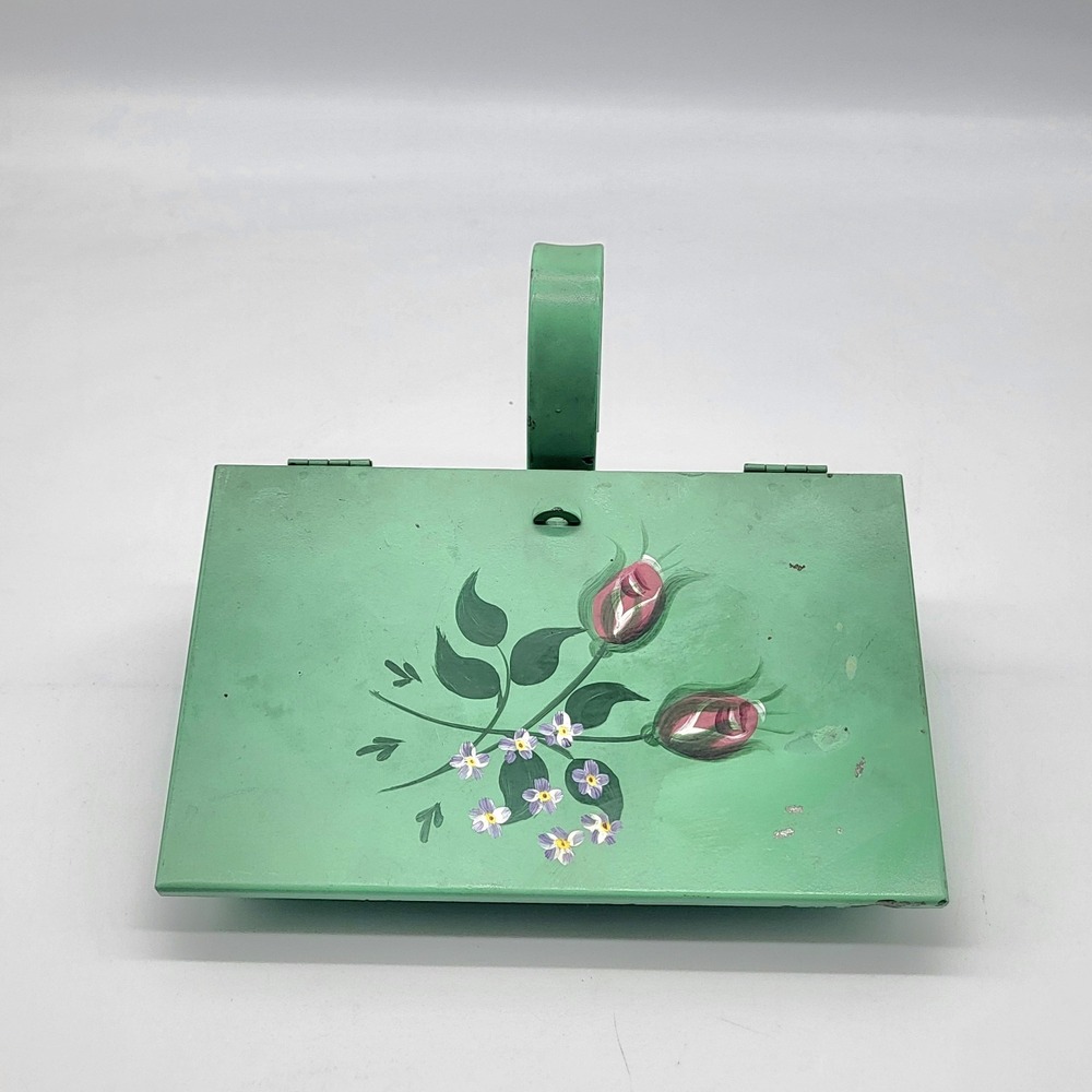 Vintage Teal Silent Butler Or Crumb Catcher With A Hand Painted Floral Pattern